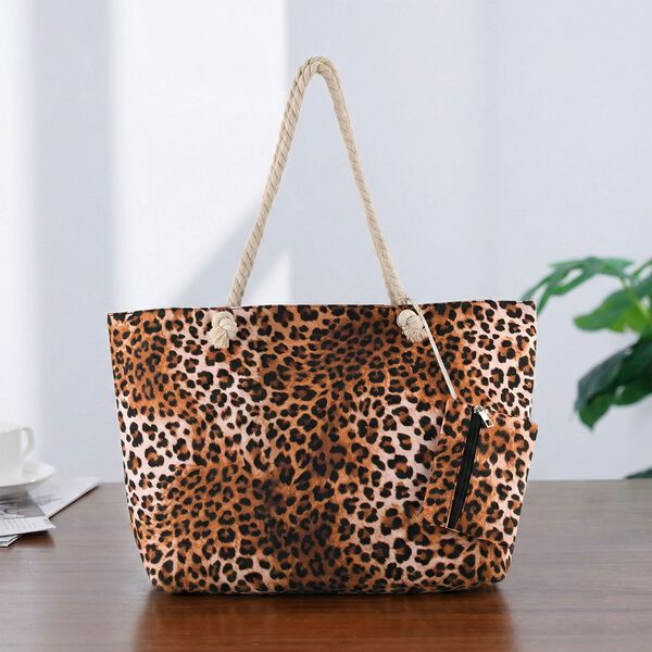 " lifestyle-Color:brown Leopard print;   Size/Profile:Set of 2 Polyester tote bag ;  Wall (exterior):Polyester,Lining (Interior):polyester  Tote bag Pockets (exterior):Zipped-1 Mini bag Pockets (exterior):zipped-1; big  size:56*36*16 cm  small size:15*12c image number 1