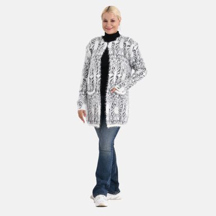 Cardigan mit abstraktem Blumenmuster und Taschen, One Size, L&auml;nge 78 cm, Grau