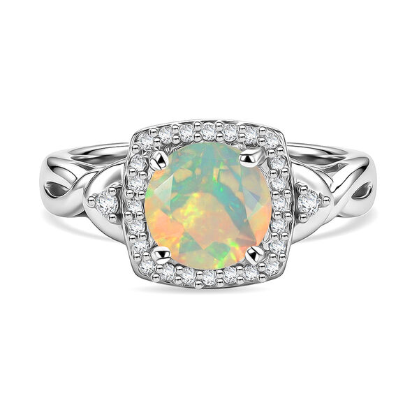 Nat&uuml;rlicher &Auml;thiopischer Opal und Zirkon Halo Ring 925 Silber Platin-&Uuml;berzug