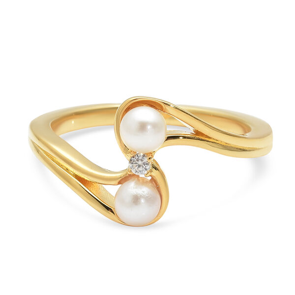 Japanische Akoya Perle und Zirkon Bypass Ring 925 Silber vergoldet  ca. 0,05 ct