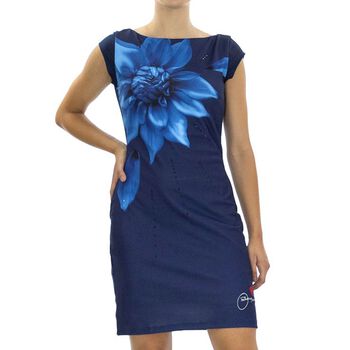 DESIGUAL, &Auml;rmelloses, k&ouml;rperbetontes Kleid mit blau Blumendruck, Schwarz, Gr&ouml;&szlig;e- 38