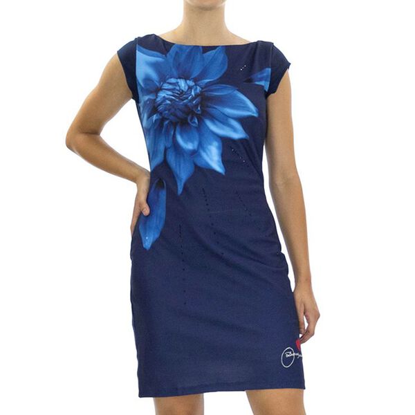 DESIGUAL, &Auml;rmelloses, k&ouml;rperbetontes Kleid mit blau Blumendruck, Schwarz, Gr&ouml;&szlig;e- 38