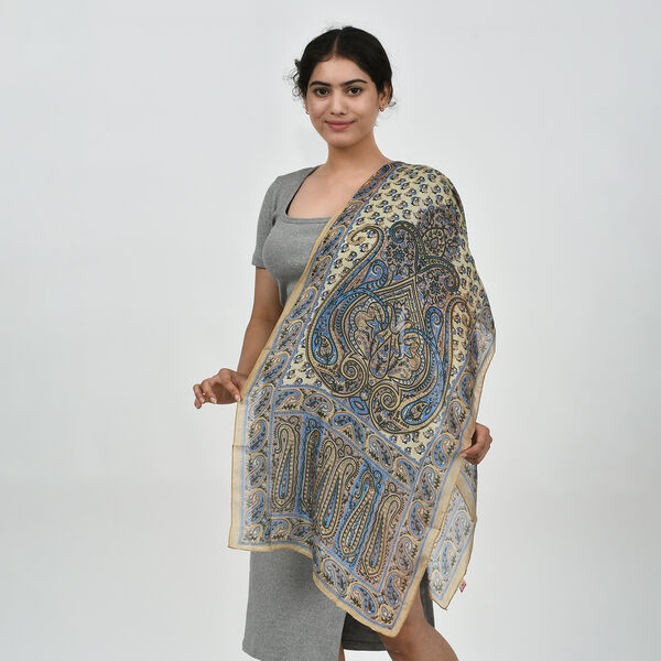 Eleganter rechteckiger Seidenschal in beige und blau mit edlem Print, Größe: 49x160 cm image number 2
