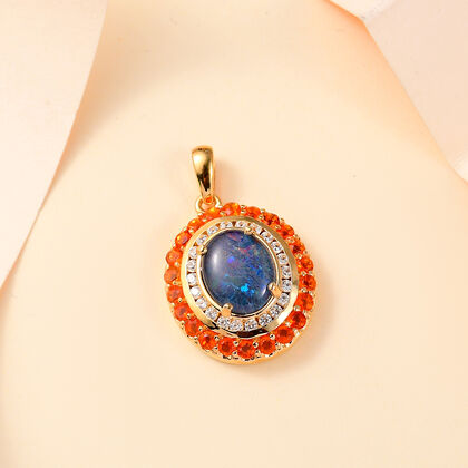 Boulder Opal Triplette, Feueropal Anh&auml;nger 925 Silber 750 Gelbgold Vermeil ca. 2.58 ct