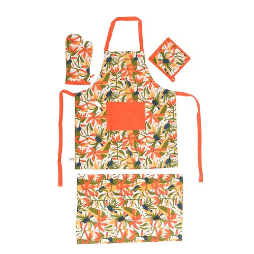 4er Set - 100% Baumwolle: Schürze, Handschuh, Topflappen, Küchentuch, Grün/Orange image number 0