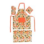 4er Set - 100% Baumwolle: Schürze, Handschuh, Topflappen, Küchentuch, Grün/Orange