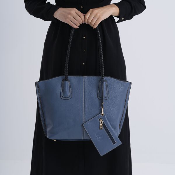 2er-Set Echtleder-Shopper, stilvolle Handtaschen mit passendem Reißverschluss-Etui, Blau image number 4