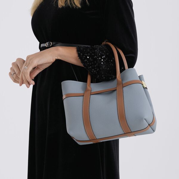 Leder Shopper Set 2 teilig mit Magnetfach und Rei&szlig;verschlussfach 35 x 11 x 20 cm Blau Braun image number 3