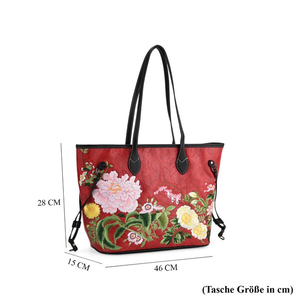 Bestickter Shopper, Kunstleder, Blumen Design, 46 x 15 x 28 cm, Rot image number 8