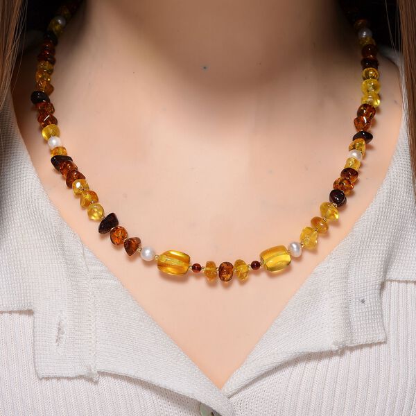 Bernstein, Wei&szlig;e S&uuml;&szlig;wasser Perle, Halskette Flexibles 925 Silber rhodiniert (15-20 Werktage Lieferzeit) image number 2