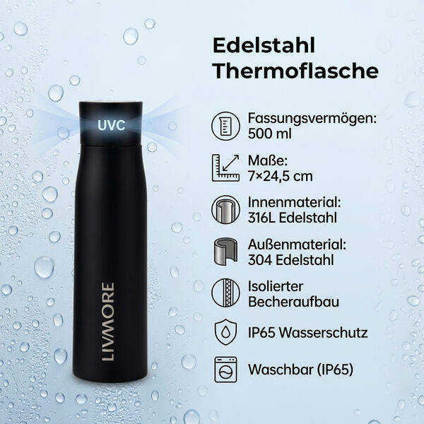 LIVMORE UVC-Flasche mit LED Anzeige, 500ml , 7x24,5cm, Schwarz image number 2