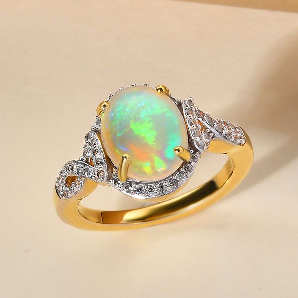 Nat&uuml;rlicher &Auml;thiopischer Opal und Zirkon Halo Ring 925 Silber Gelbgold Vermeil image number 2