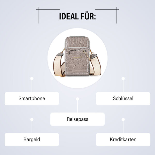 PASSAGE Crossbody Tasche aus PU-Lackleder mit Krokopr&auml;gung und RFID-Schutz, 18x7x11 cm, Taupe image number 4