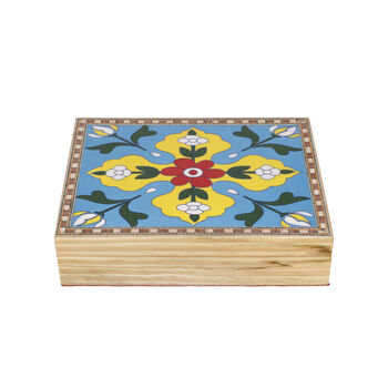 Handbemalte Aufbewahrungsbox aus Kiefernholz, 22x16x5 cm, Blumenmuster, T&uuml;rkis