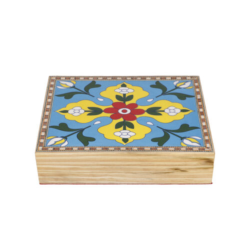 Handbemalte Aufbewahrungsbox aus Kiefernholz, 22x16x5 cm, Blumenmuster, Türkis image number 0