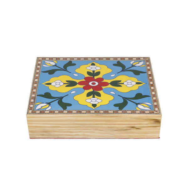 Handbemalte Aufbewahrungsbox aus Kiefernholz, 22x16x5 cm, Blumenmuster, T&uuml;rkis