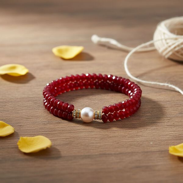 Weiße Muschelkernperle (9-11 mm) Armband mit Roter Quarzit, flexibel, Goldfarben image number 1