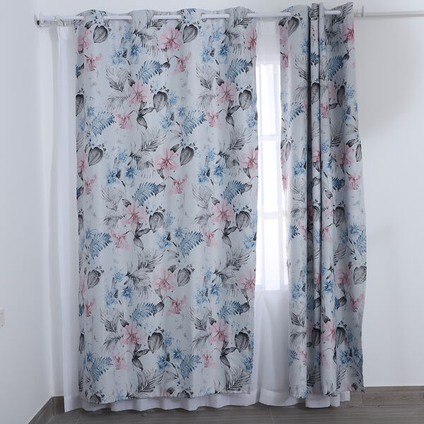 2er-Set - Verdunkelungsvorh&auml;nge mit 8 Metallringen, Blumenmuster, Rosa-Blau und Wei&szlig;&nbsp; image number 1