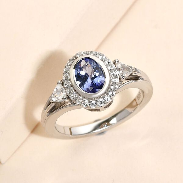 Tansanit und wei&szlig;er Zirkon-Ring, 925 Silber platiniert  ca. 1,39 ct image number 2