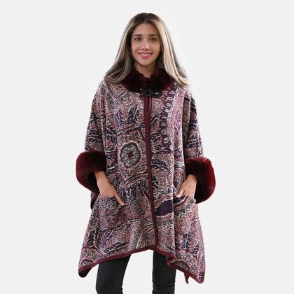 LA MAREY - Poncho Cape mit Kunstfellkragen, Paisleymuster, Free Size, burgunderrot