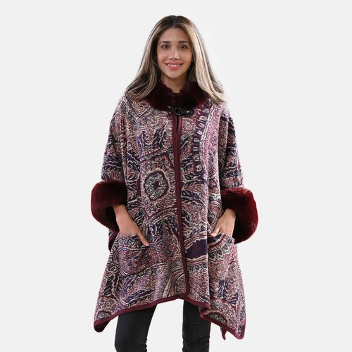 LA MAREY - Poncho Cape mit Kunstfellkragen, Paisleymuster, Einheitsgröße, Burgunderrot image number 0