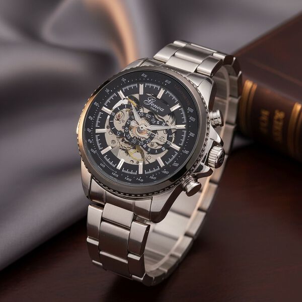 GENOA TIME - Armbanduhr Legierung, Reiner Edelstahl, bicolor, schwarz-goldfarben, Automatik, 3 ATM wasserdicht image number 1