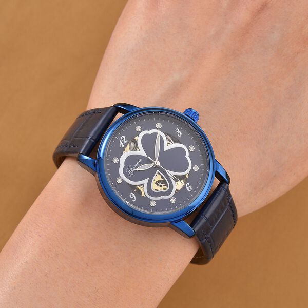 GENOA TIME V2 Automatikuhr mit Automatikwerk, Zifferblatt mit Blumenmuster und Moissaniten, blaues Lederarmband, 36 mm, ca. 0,08 ct. image number 2