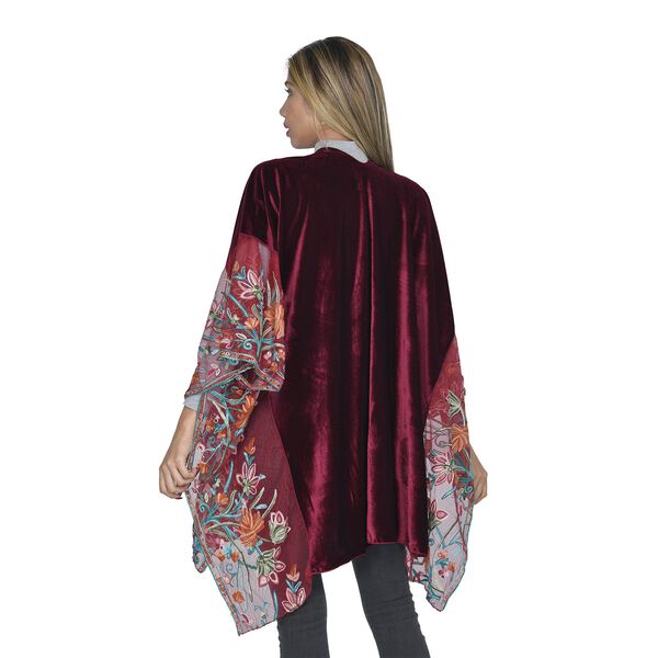 TAMSY Kimono aus Samt mit Blumenstickerei, Einheitsgröße Burgunderrot image number 2