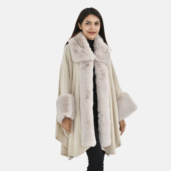 LA MAREY - Stilvoller langer Mantel mit Kunstpelzrand, 108x80cm, beige