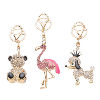 3er Set - Kunststoff Perlen und schwarze Kristall-Schl&uuml;sselanh&auml;nger, Flamingo, B&auml;r, Hund