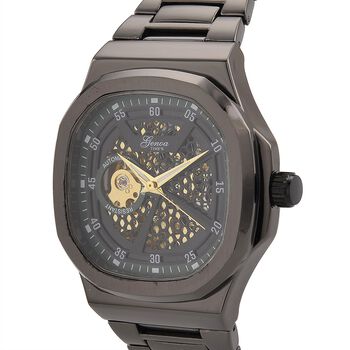 GENOA - Automatikuhr mit Skelett-Design, Edelstahlarmband, 3ATM wasserdicht, Gr&uuml;nes Zifferblatt, Schwarzplattierung, ca. 20 cm