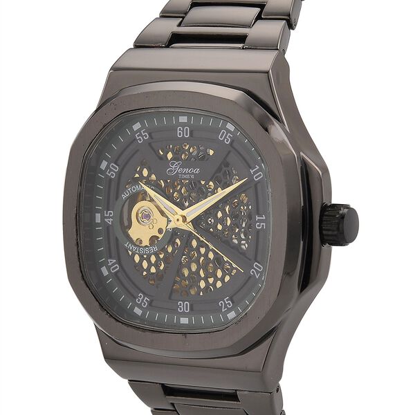 GENOA - Automatikuhr mit Skelett-Design, Edelstahlarmband, 3ATM wasserdicht, Gr&uuml;nes Zifferblatt, Schwarzplattierung, ca. 20 cm image number 3