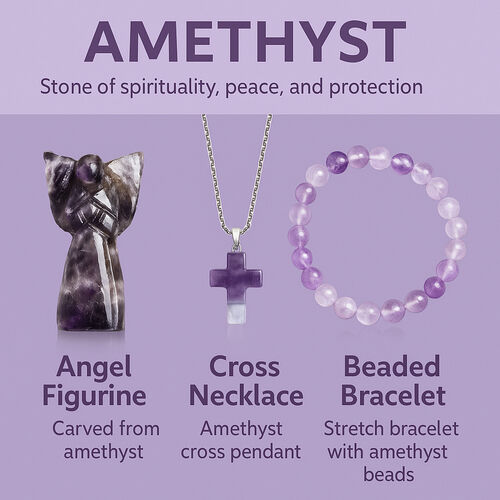 3er-Set aus Amethyst: Schutzengel (7.6 cm), Armband mit 8 mm Perlen und Kreuzanhänger (2.5 cm), handgefertigt, Lila-Schimmernd image number 1