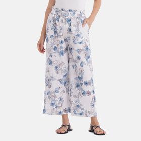 Weit geschnittene Hose mit Blumenprint, High-Waist-Design, elastischer Bund, mit Seitentaschen, elastisch und bequem, Einheitsgröße, Länge 99 cm, Weiß