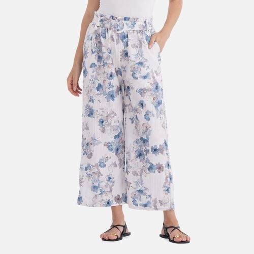 Weit geschnittene Hose mit Blumenprint, High-Waist-Design, elastischer Bund, mit Seitentaschen, elastisch und bequem, Einheitsgröße, Länge 99 cm, Weiß image number 0
