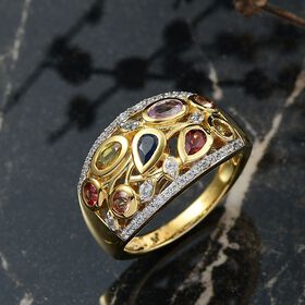 D'Joy AA Mehrfarbiger Saphir, Weißer Zirkon Ring 925 Silber 750 Gelbgold Vermeil (Größe 18.00) ca. 2.17 ct