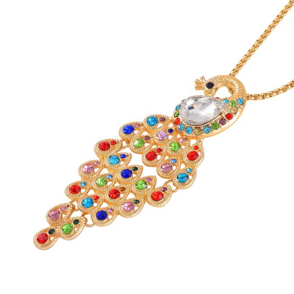 Kristall-Halskette mit Mehrfarbigem Pfau-Motiv aus Glas, ca. 70 cm, in Goldfarben image number 2