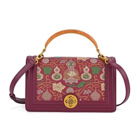 "Brand:La Marey Signature Brocade with Genuine Leather crossbody bag  Color:purple Size:23*10*13.5cm Meterial: Wall-Silk/Genuine Leather; Lining-Polyester Exterior:lock-1 Interior: zipped-1,slid-3"