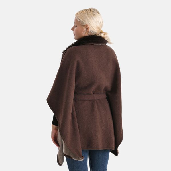 LA MAREY - Poncho mit Kunstfellkragen und G&uuml;rtel, One Size, Braun image number 2