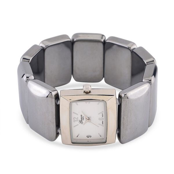 GENOA Terahertz Armbanduhr - Japanisches Uhrwerk, Legierungsgeh&auml;use, Stahlplattierung, Wei&szlig;es Zifferblatt, 9 Terahertz-Steine im Elastikarmband, Wasserresistent, 30x27,8?mm, Silber, ca. 430?ct image number 4