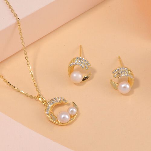 2er-Set - Weiße Süßwasserperlen Halskette und Ohrringe in vergoldetem 925er Silber - 3,64 ct. image number 2