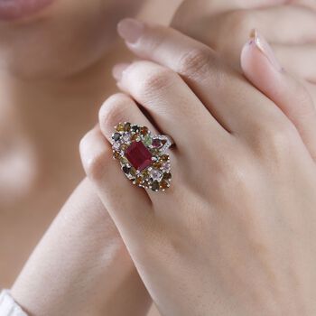 Afrikanischer Rubin (Fissure gef&uuml;llt), Mehrfarbig-Turmalin Ring 925 Silber rhodiniert (Gr&ouml;&szlig;e 19.00) ca. 9.10 ct