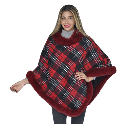 LA MAREY - Kunstfell Poncho, Karo Muster, Einheitsgröße Rot image number 0