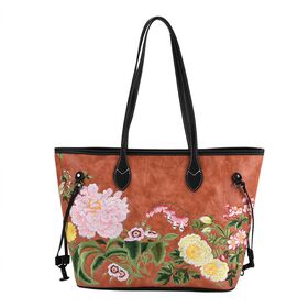 Bestickter Shopper, Kunstleder, Blumen Design, 46 x 15 x 28 cm, Orange