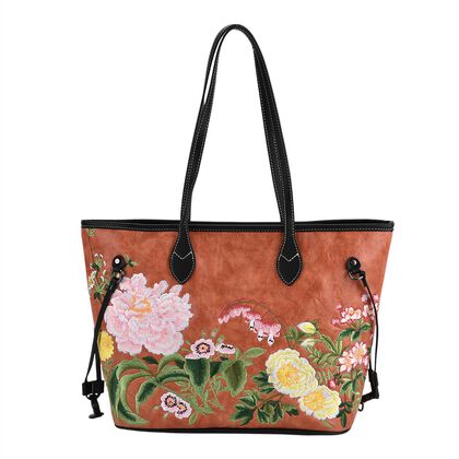 Bestickter Shopper, Kunstleder, Blumen Design, 46 x 15 x 28 cm, Orange