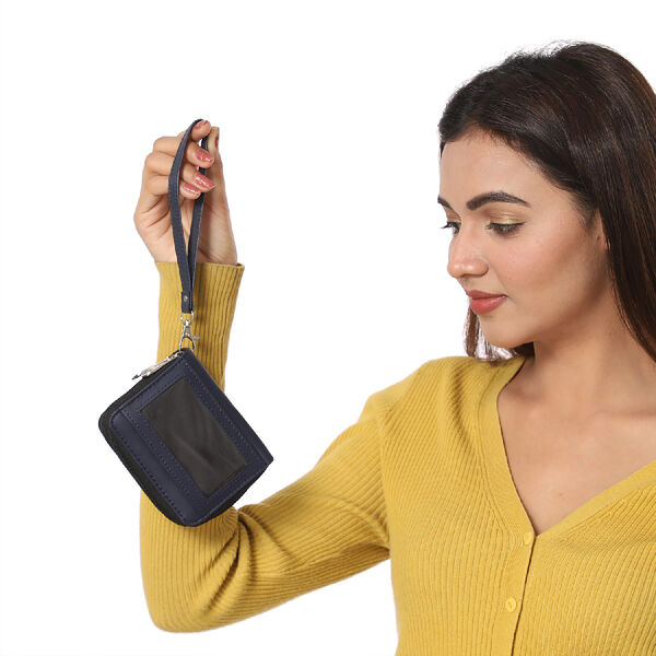 Geldbörse aus 100% echtem Leder, Dual-Reißverschluss mit abnehmbarem Riemen, 11x7.5x4.5 cm, Dunkelblau image number 2