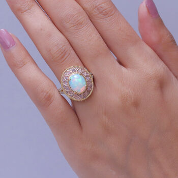 D'Joy AAA Nat&uuml;rlicher, &auml;thiopischer Welo Opal, Nat&uuml;rlicher Rosa Diamant Ring 925 Silber 750 Gelbgold vermeil (Gr&ouml;&szlig;e 17.00) ca. 3,12 ct