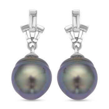 Tahiti Perle und wei&szlig;e Zirkon Ohrringe, 925 Silber rhodiniert ca. 0.61 ct