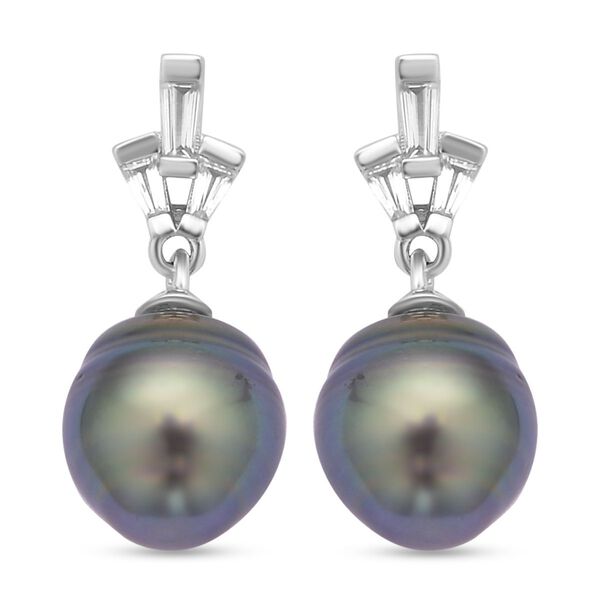 Tahiti Perle und wei&szlig;e Zirkon Ohrringe, 925 Silber rhodiniert ca. 0.61 ct