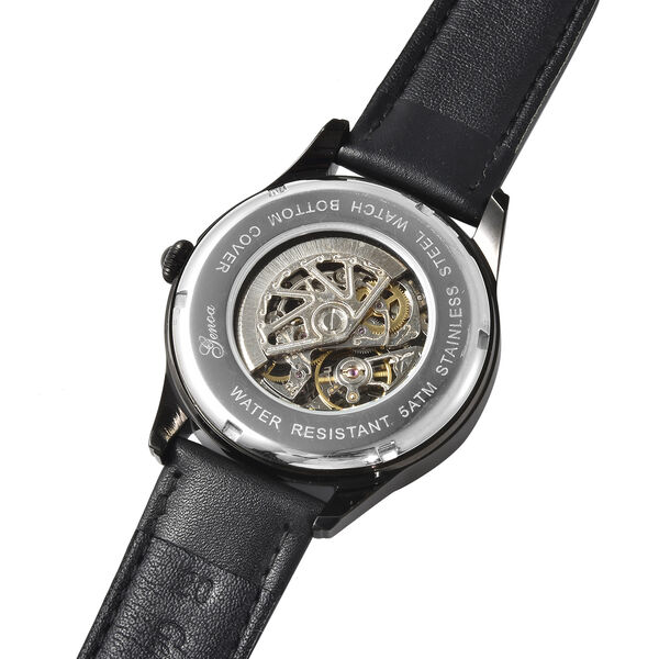 Genoa - Goldfarbene Automatikuhr, transparentes Ziffernblatt, echtes Leder-Armband, wasserdicht bis 5 ATM, Edelstahl IP-Schwarz-Plattierung image number 4